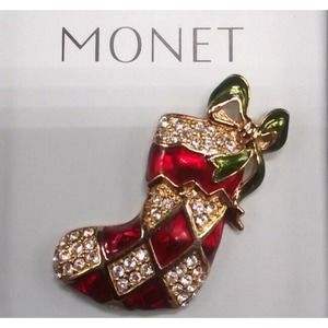 Vintage Signed Monet Crystal and Enamel Christmas Stocking Brooch Brand New Box